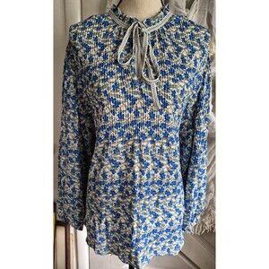 NWT Max Studio Womens 2X Floral Print Long Sleeve Blouse Blue Green White